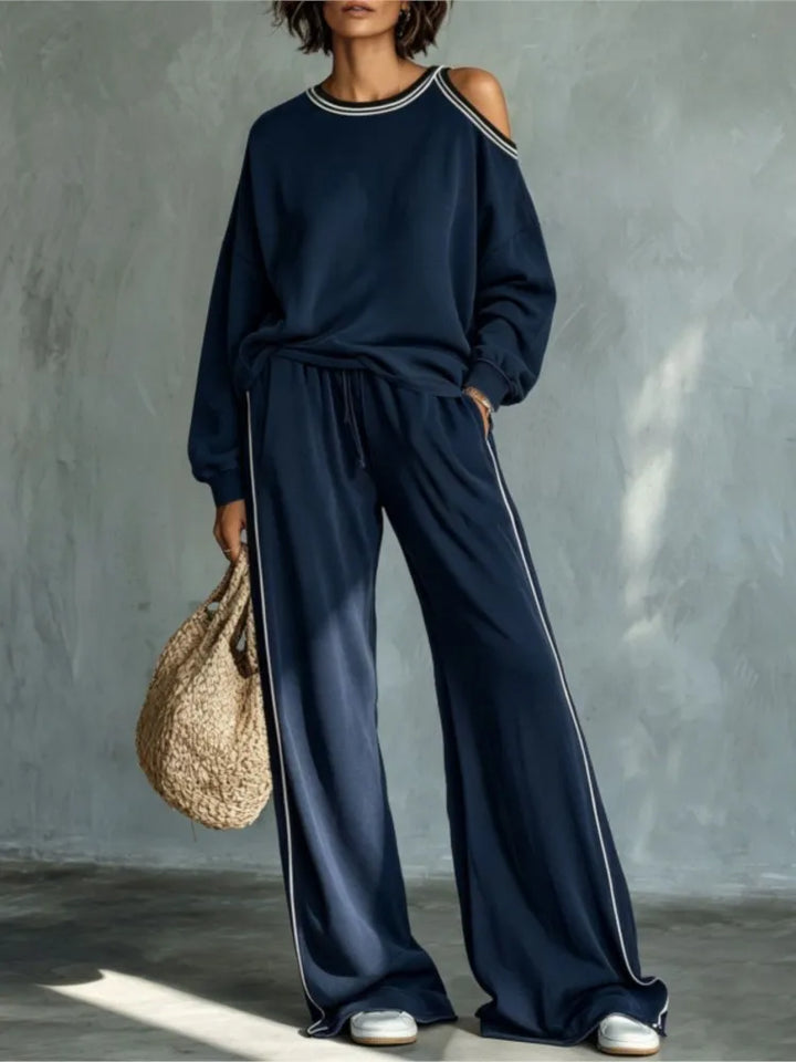 Elegant Striped Two Piece Set for Women with Cold Shoulder Elastic Waist Plus Size Flowy Casual Style
