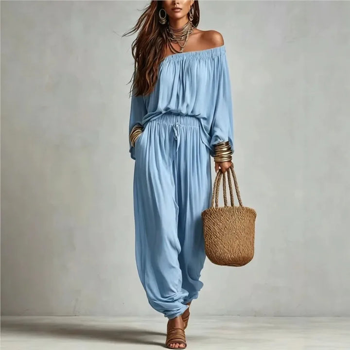 Elegant Two Piece Set for Women with Off Shoulder Long Sleeve High Waisted Plus Size Flowy Casual Style