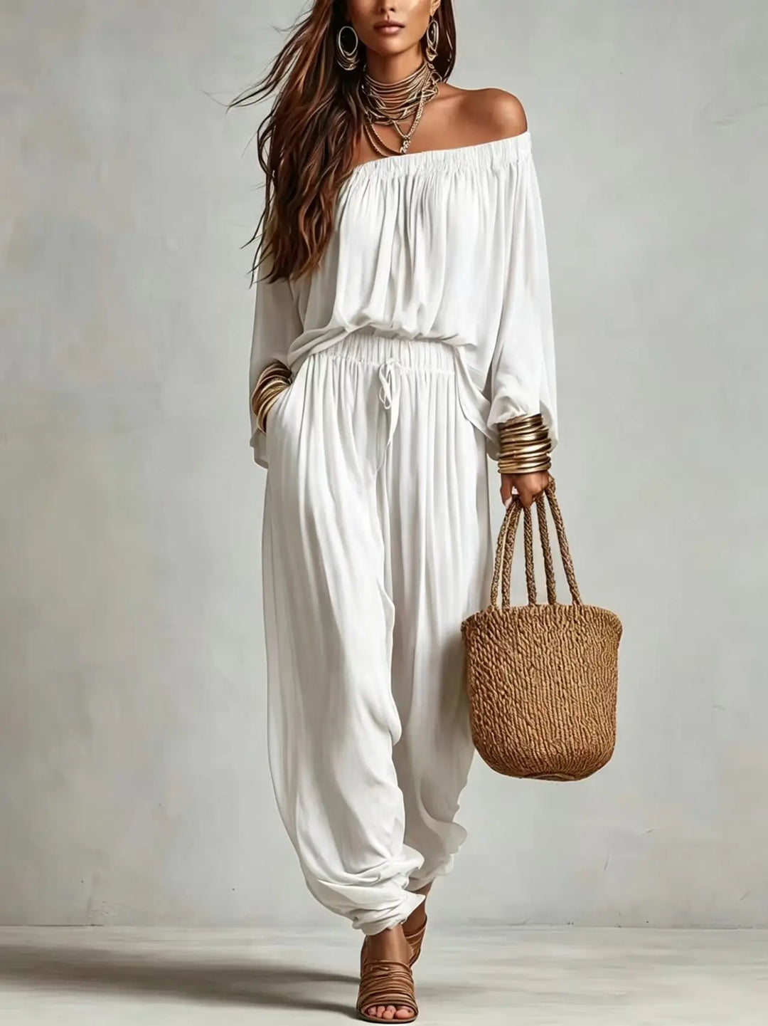 Elegant Two Piece Set for Women with Off Shoulder Long Sleeve High Waisted Plus Size Flowy Casual Style
