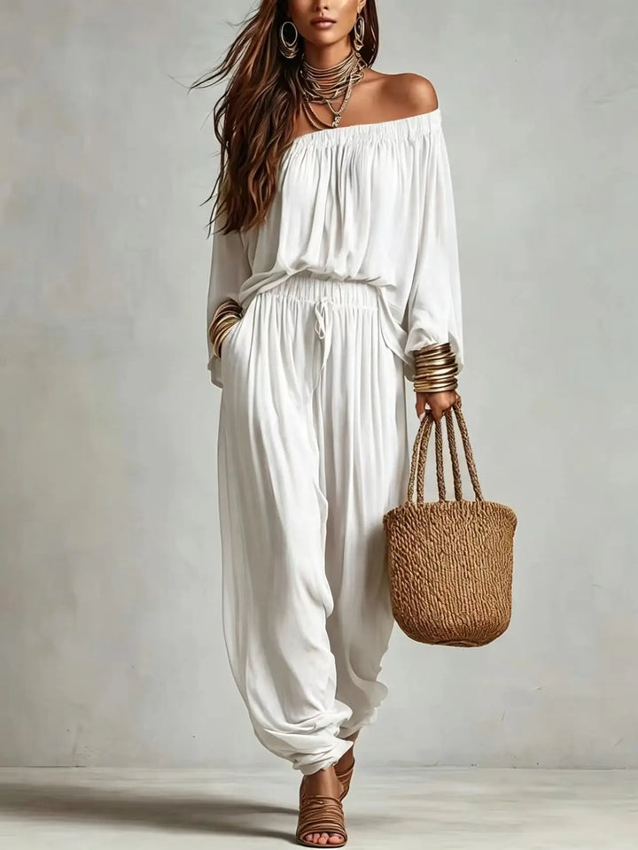 Elegant Two Piece Set for Women with Off Shoulder Long Sleeve High Waisted Plus Size Flowy Casual Style