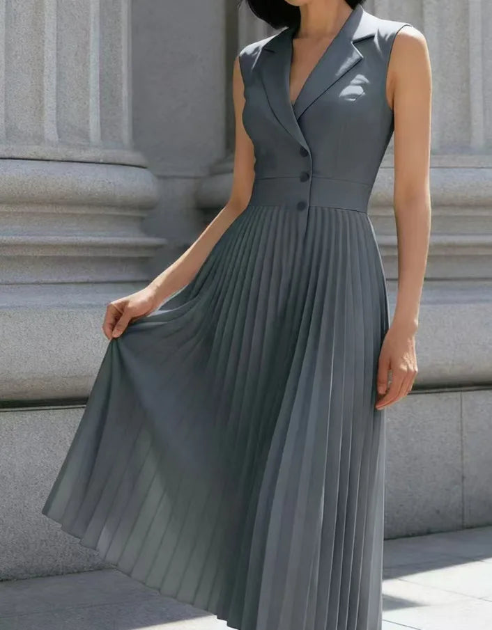 Hannah | Women's Collared Sleeveless Pleated Office Midi Button Front Dress