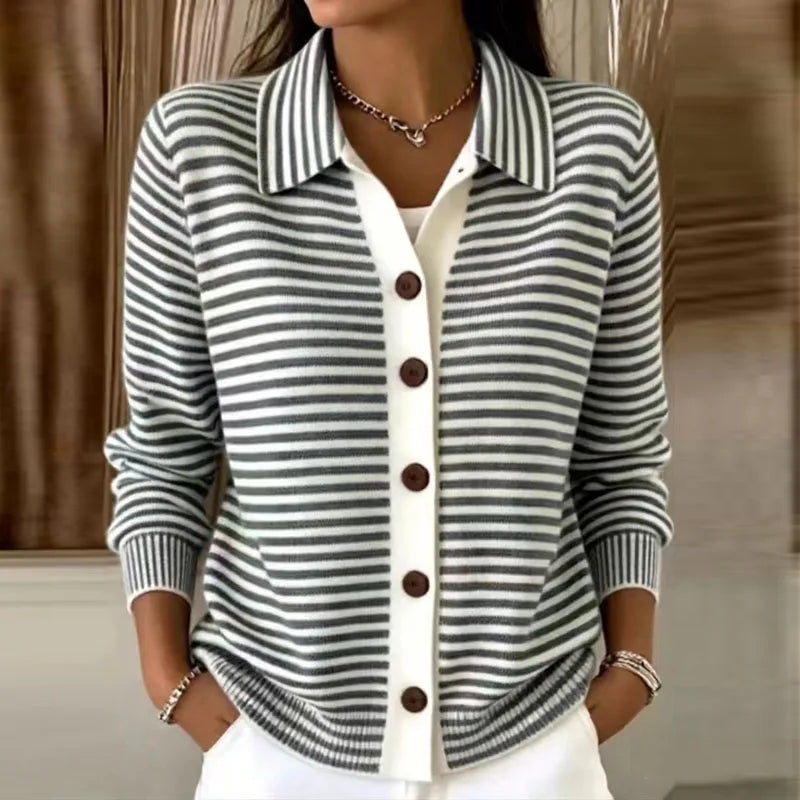 Deborah | Women's Striped Collared Button Front Casual Cardigan