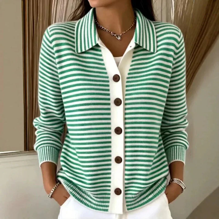 Deborah | Women's Striped Collared Button Front Casual Cardigan