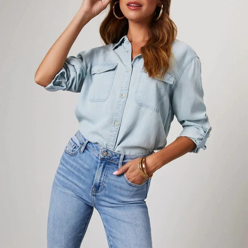 Katherine | Women's Denim Collared Pockets Casual Button Down Button Front Shirt