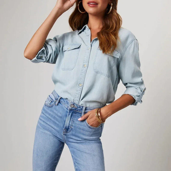 Katherine | Women's Denim Collared Pockets Casual Button Down Button Front Shirt