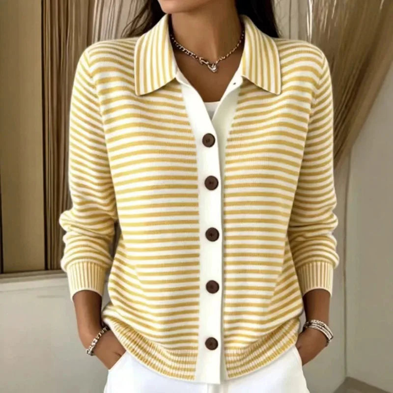 Deborah | Women's Striped Collared Button Front Casual Cardigan