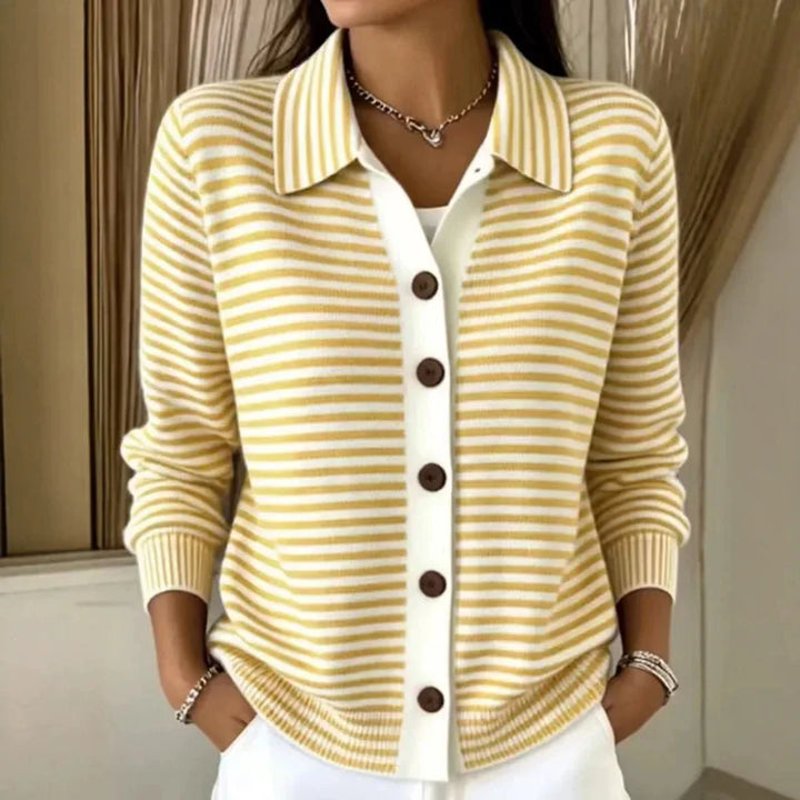 Deborah | Women's Striped Collared Button Front Casual Cardigan