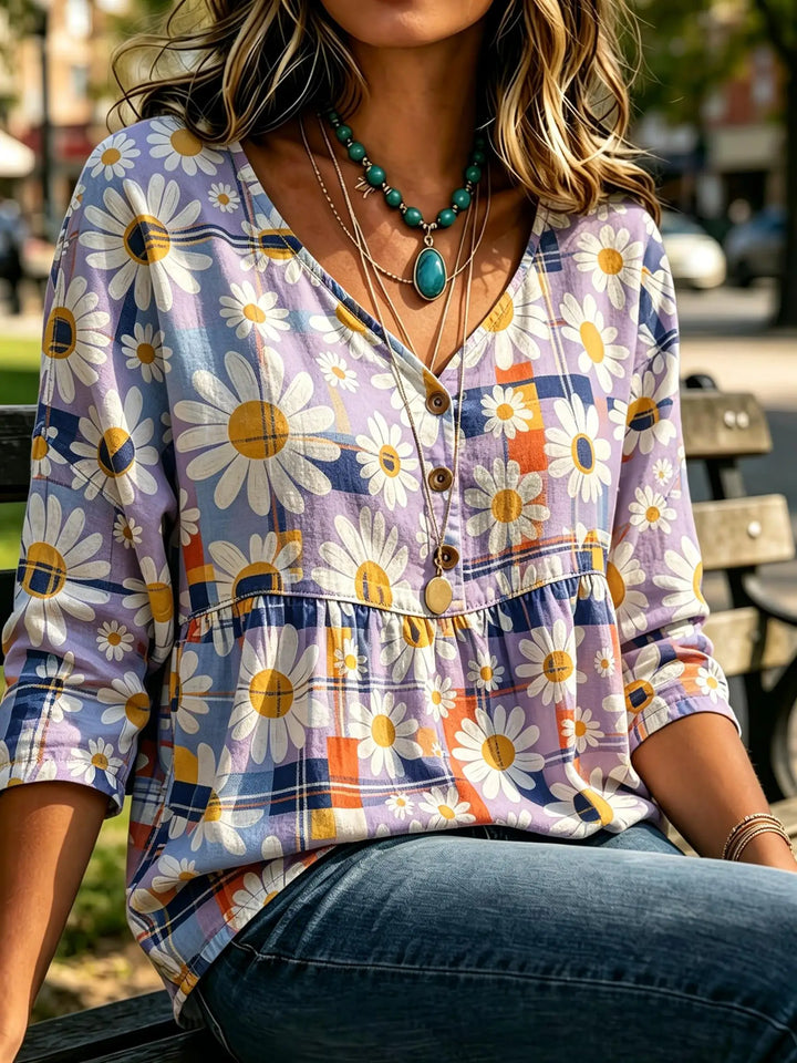Michelle | Women's Paisley V Neck Elbow Sleeve Button Front Bohemian Blouse