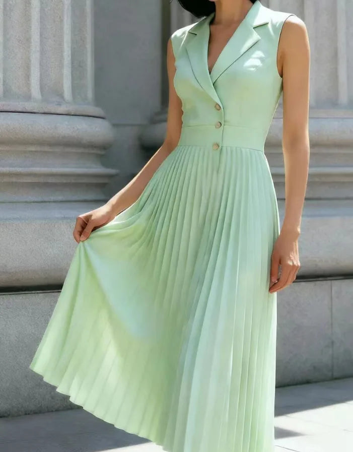 Hannah | Women's Collared Sleeveless Pleated Office Midi Button Front Dress