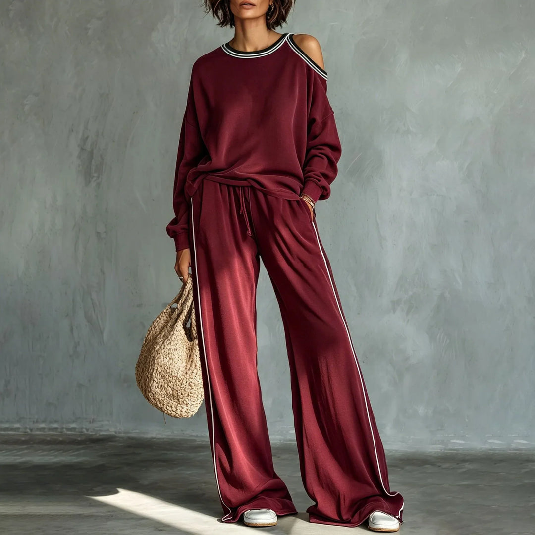 Elegant Striped Two Piece Set for Women with Cold Shoulder Elastic Waist Plus Size Flowy Casual Style