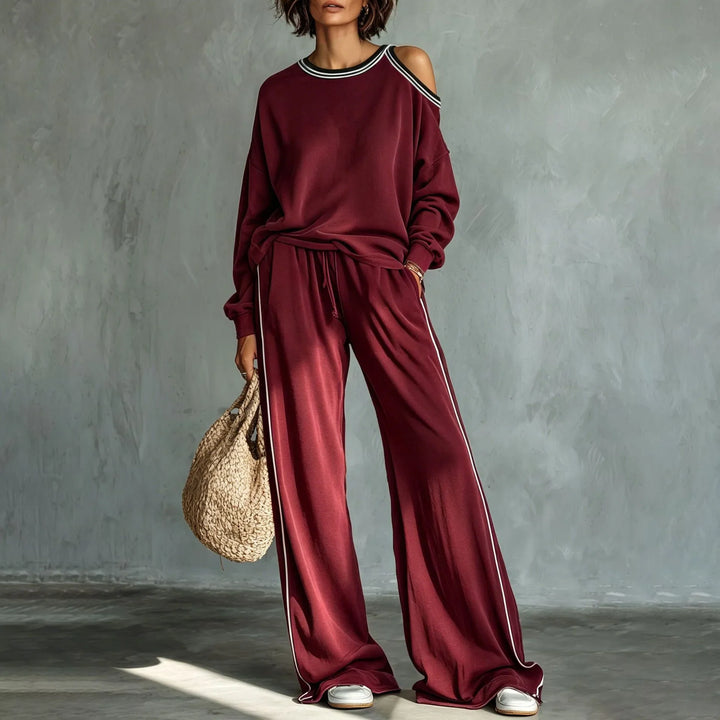 Elegant Striped Two Piece Set for Women with Cold Shoulder Elastic Waist Plus Size Flowy Casual Style
