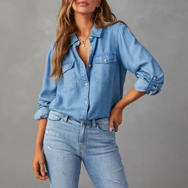 Katherine | Women's Denim Collared Pockets Casual Button Down Button Front Shirt