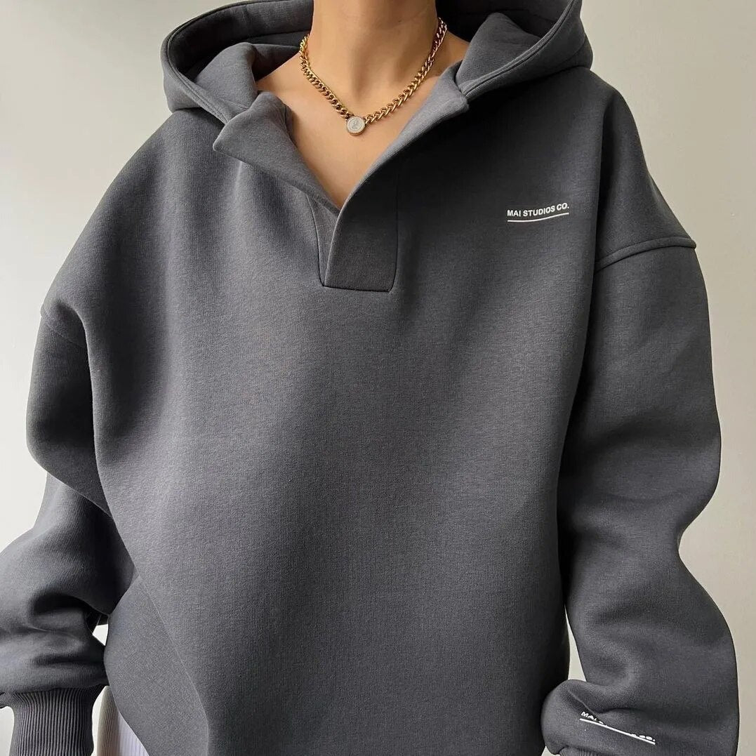 Hoodie Notched V Neck Oversized Knit