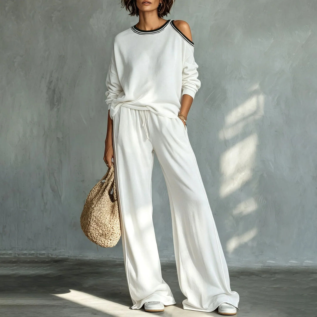 Elegant Striped Two Piece Set for Women with Cold Shoulder Elastic Waist Plus Size Flowy Casual Style