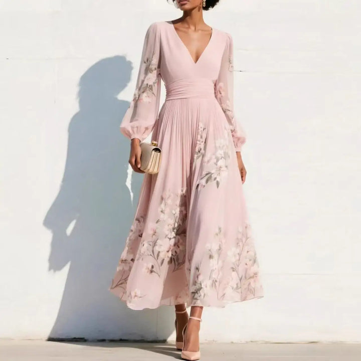 Odile | Women's Floral V Neck Balloon Long Sleeve Fall Brunch Midi Dress