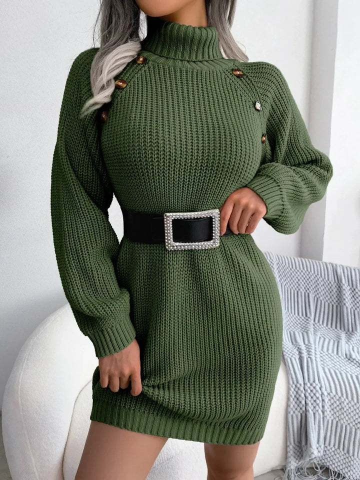 Keely | Women's Ribbed Turtleneck Button Mini Sweater Dress