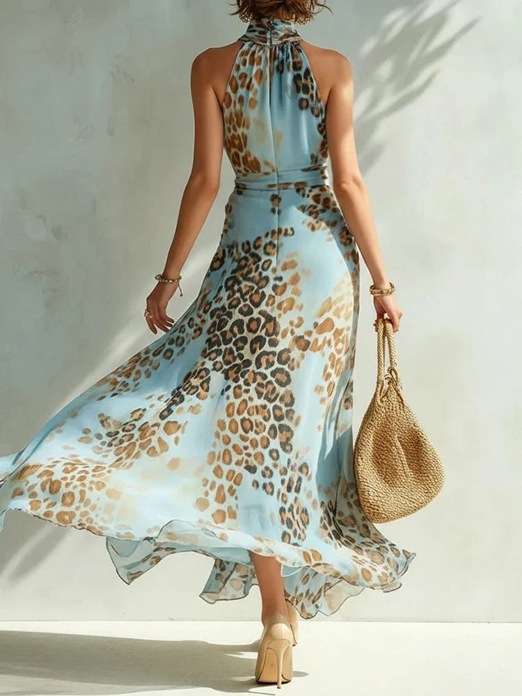 Malia | Women's Blue Animal Print Halter Neck Slit Vacation Maxi High Waisted Dress