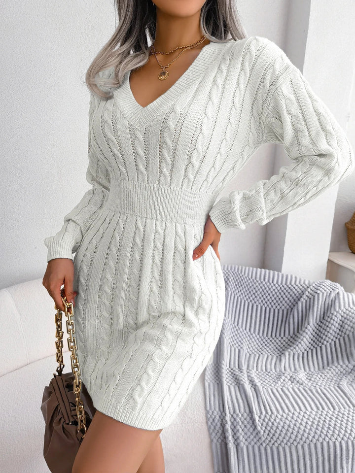 Ione | Women's Slim Cable Knit Turtleneck Mini Sweater Dress