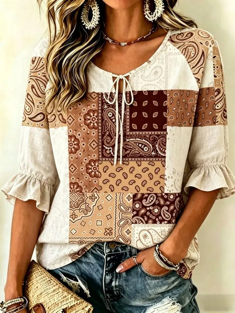 Lucy | Women's Paisley Tie Front Casual Flowy Blouse