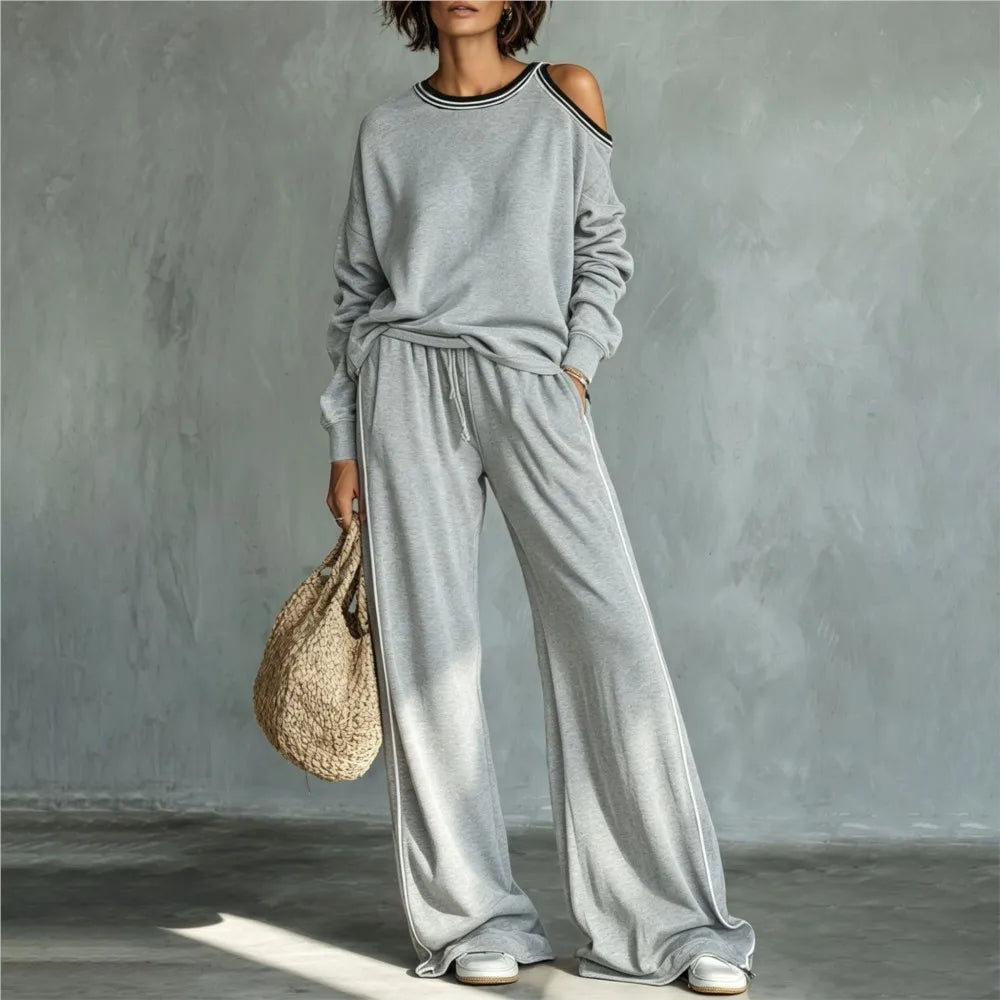 Elegant Striped Two Piece Set for Women with Cold Shoulder Elastic Waist Plus Size Flowy Casual Style