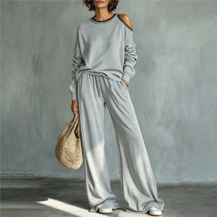 Elegant Striped Two Piece Set for Women with Cold Shoulder Elastic Waist Plus Size Flowy Casual Style