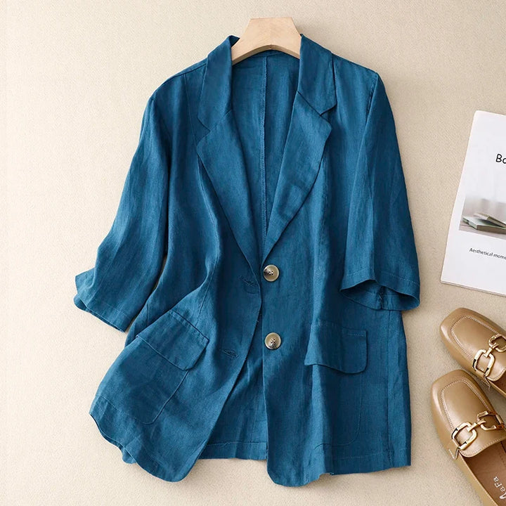 Stylish Linen Blazer for Women with Collared Pockets Plus Size Casual Style