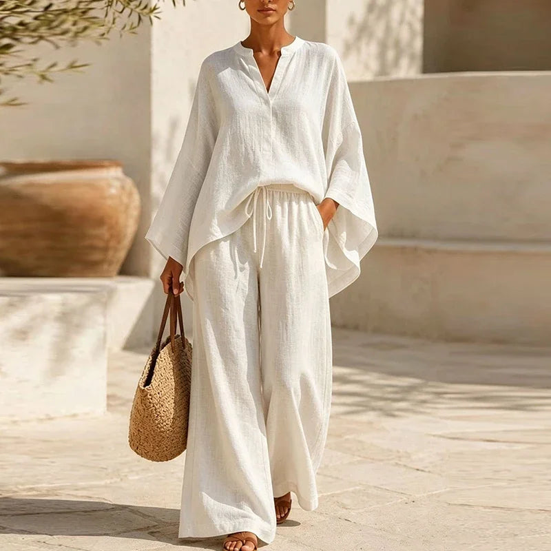Elegant Two Piece Set for Women with V Neck Long Sleeve Elastic Waist Plus Size Flowy Casual Style