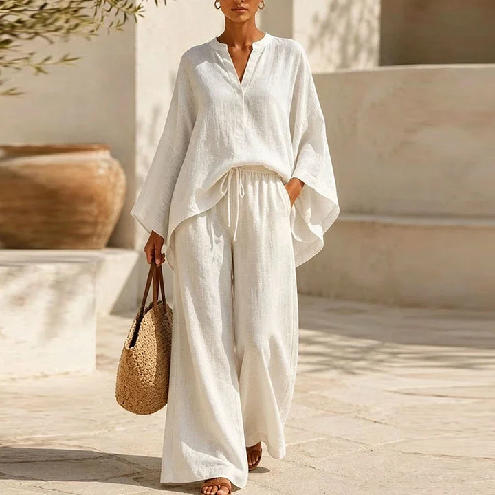 Elegant Two Piece Set for Women with V Neck Long Sleeve Elastic Waist Plus Size Flowy Casual Style