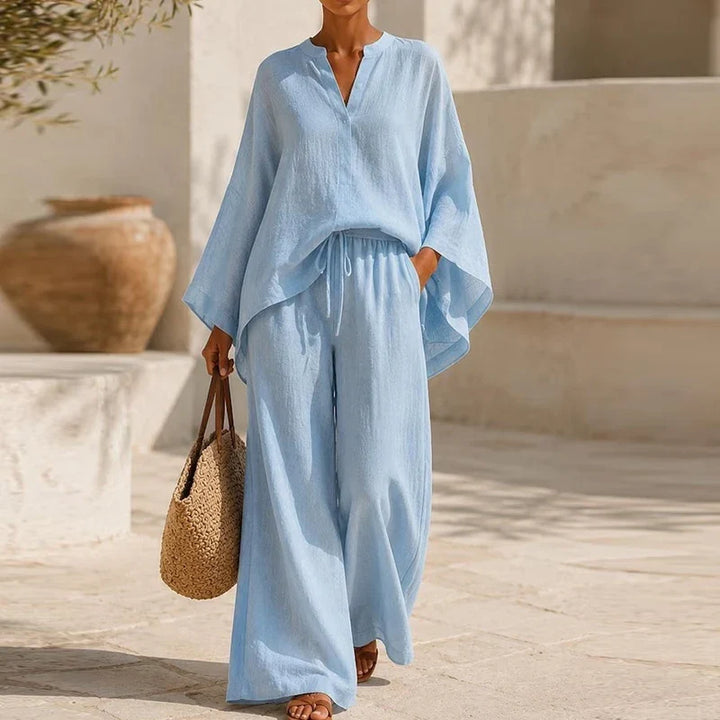 Elegant Two Piece Set for Women with V Neck Long Sleeve Elastic Waist Plus Size Flowy Casual Style