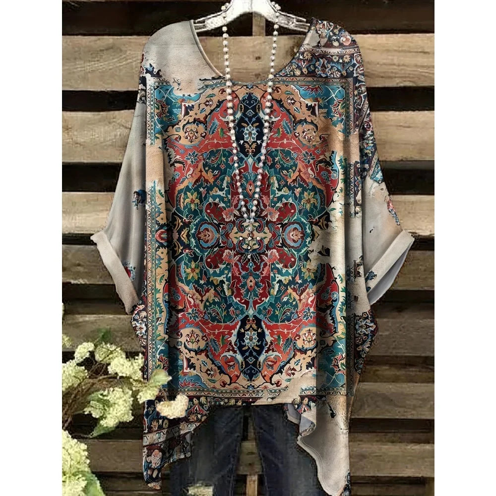 Hope | Women's Floral Crew Neck Short Sleeve Bohemian Tunic