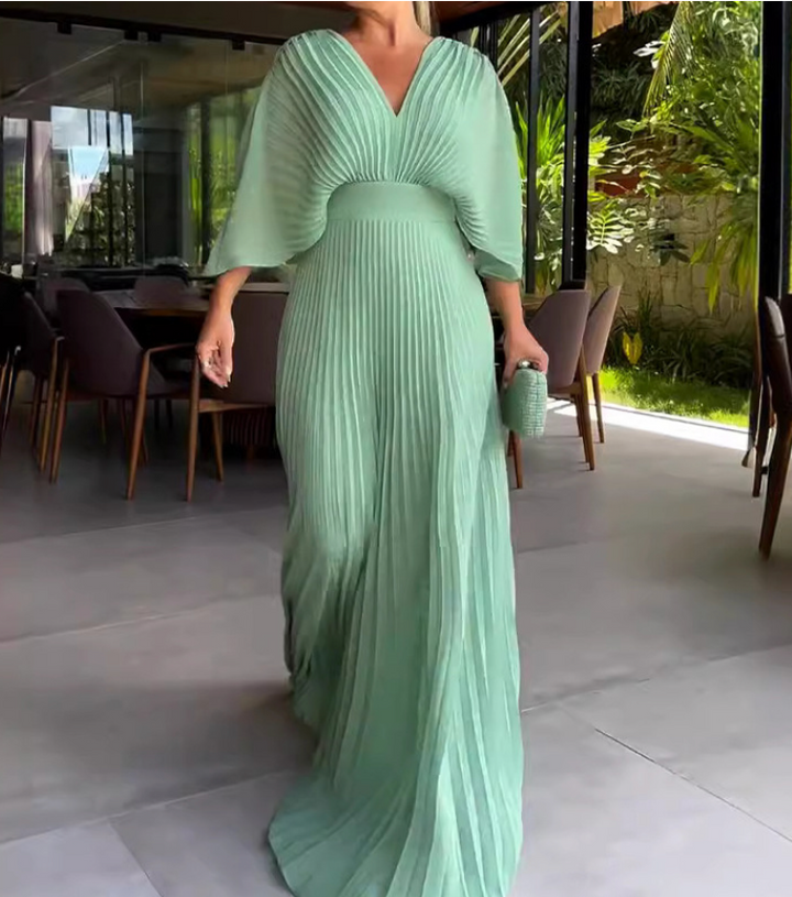 Nola | Women's Maxi V Neck Bell Sleeve Pleated Evening Gown