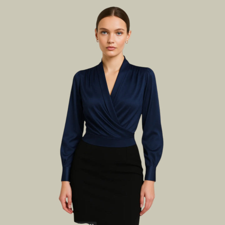 Briar | Women's Satin V Neck Long Sleeve Wrap Front Office Sequin Blouse