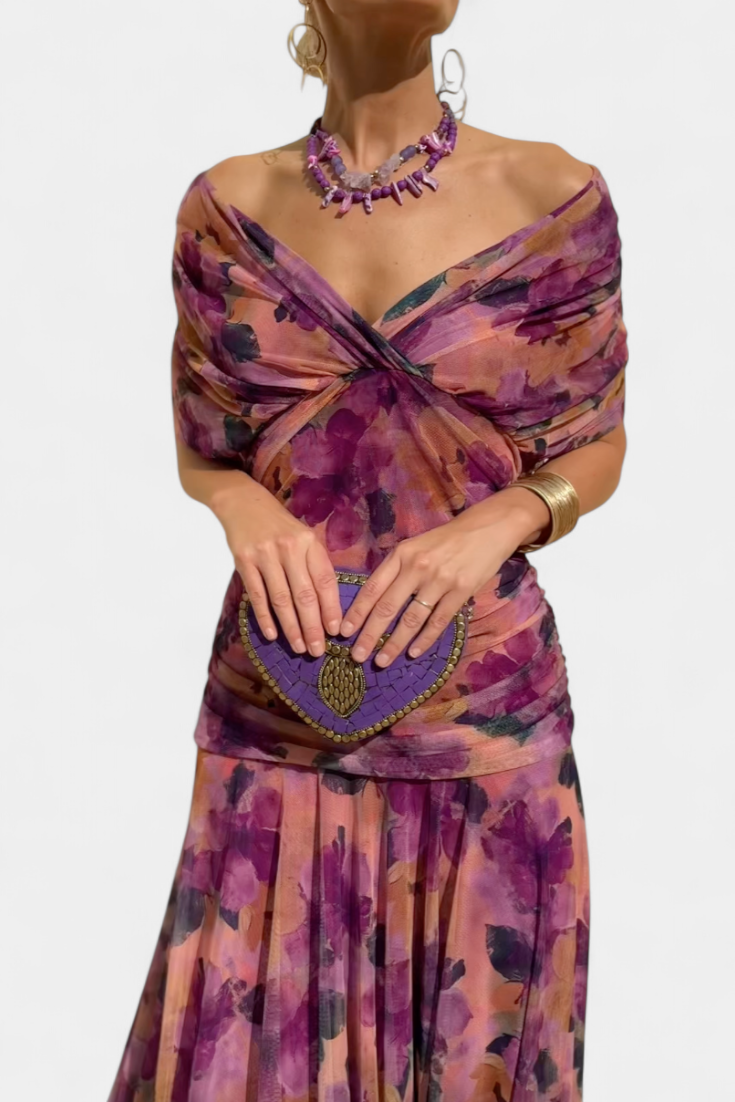 Elowen | Women's Floral Off Shoulder Ruched Cocktail Maxi Dress