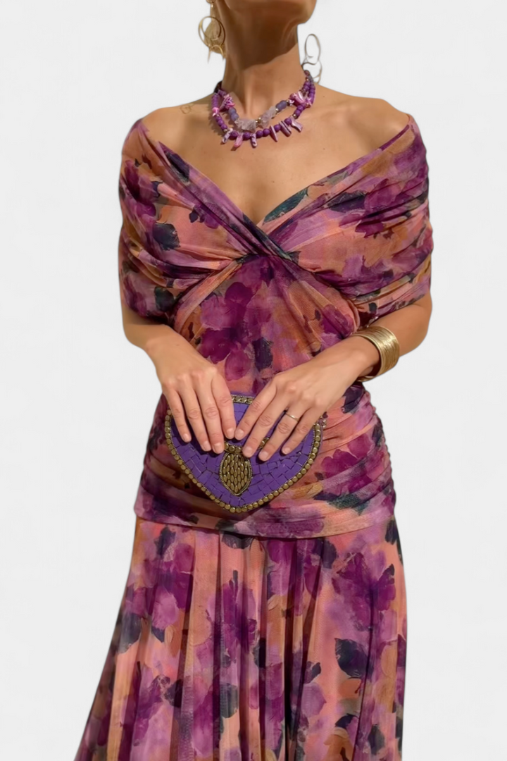 Elowen | Women's Floral Off Shoulder Ruched Cocktail Maxi Dress