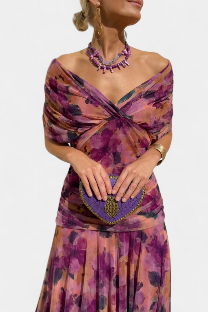 Elowen | Women's Floral Off Shoulder Ruched Cocktail Maxi Dress
