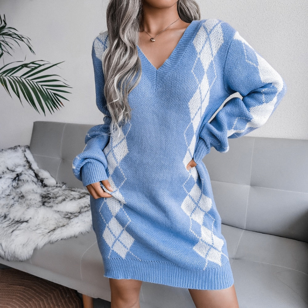 Nellie | Women Argyle Knit Long Sleeve Dress