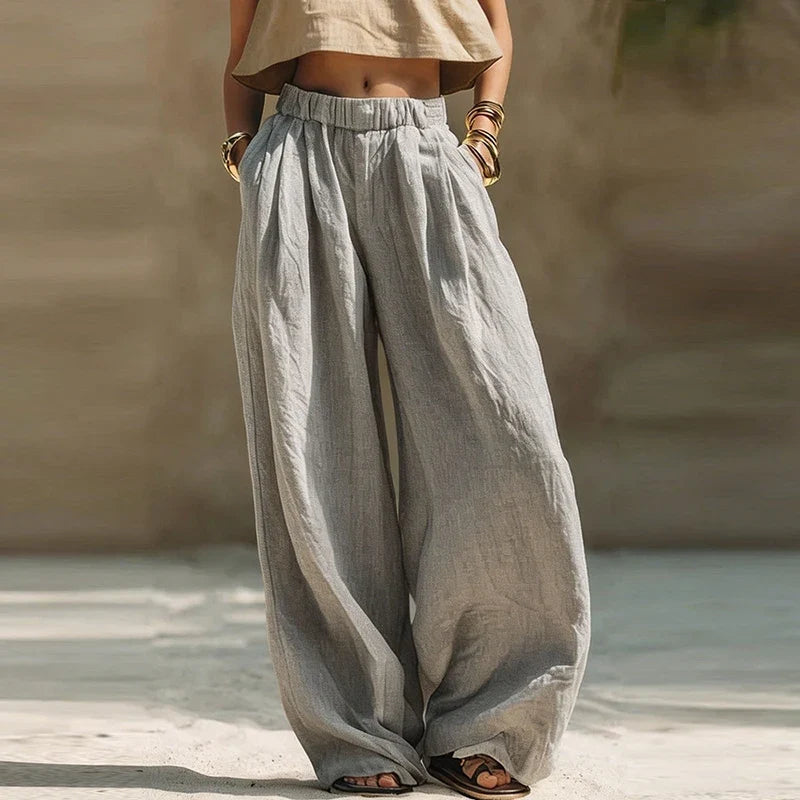 Stylish Wide Leg Trousers for Women with Pockets Breathable Elastic Waist Flowy Casual Style