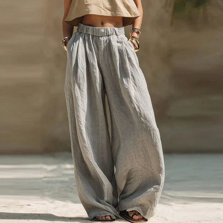 Stylish Wide Leg Trousers for Women with Pockets Breathable Elastic Waist Flowy Casual Style