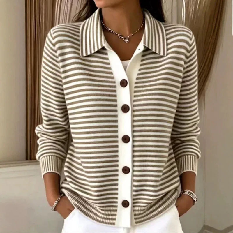 Deborah | Women's Striped Collared Button Front Casual Cardigan