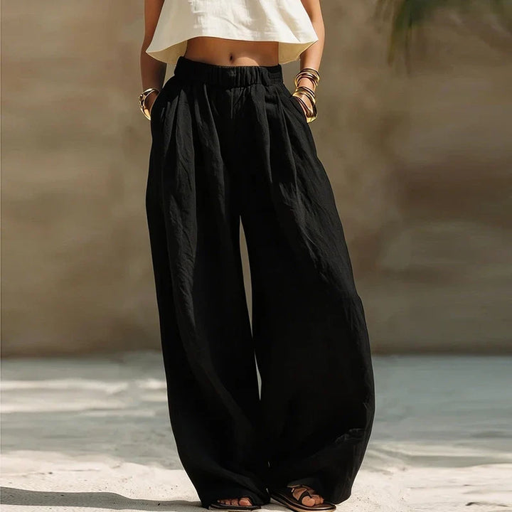 Stylish Wide Leg Trousers for Women with Pockets Breathable Elastic Waist Flowy Casual Style