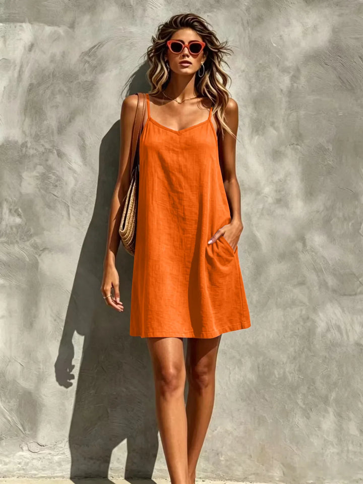 Elegant Mini Dress for Women with V Neck Sleeveless Pockets Plus Size Flowy Casual Style