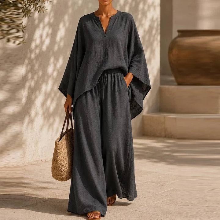 Elegant Two Piece Set for Women with V Neck Long Sleeve Elastic Waist Plus Size Flowy Casual Style