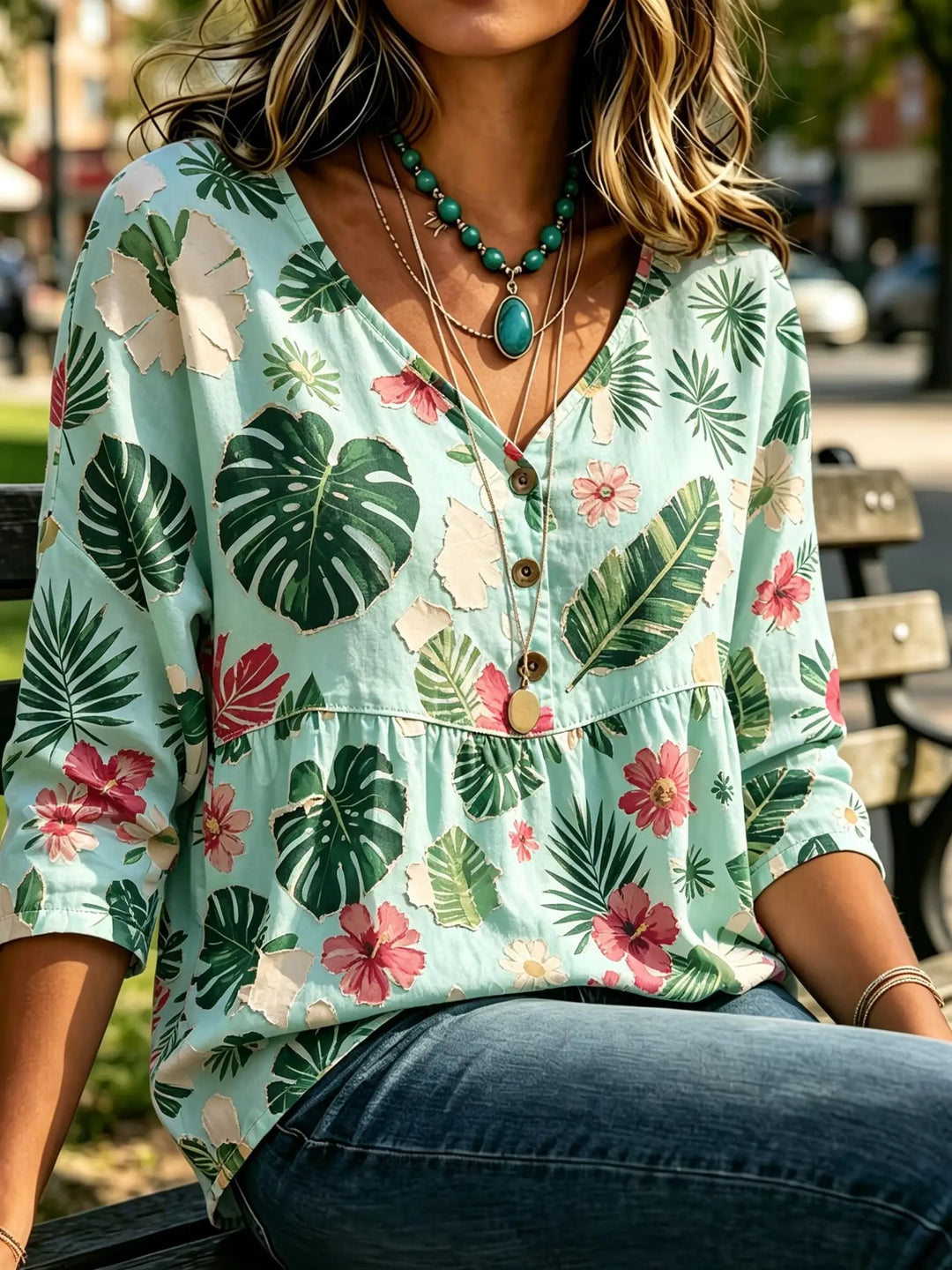Michelle | Women's Paisley V Neck Elbow Sleeve Button Front Bohemian Blouse