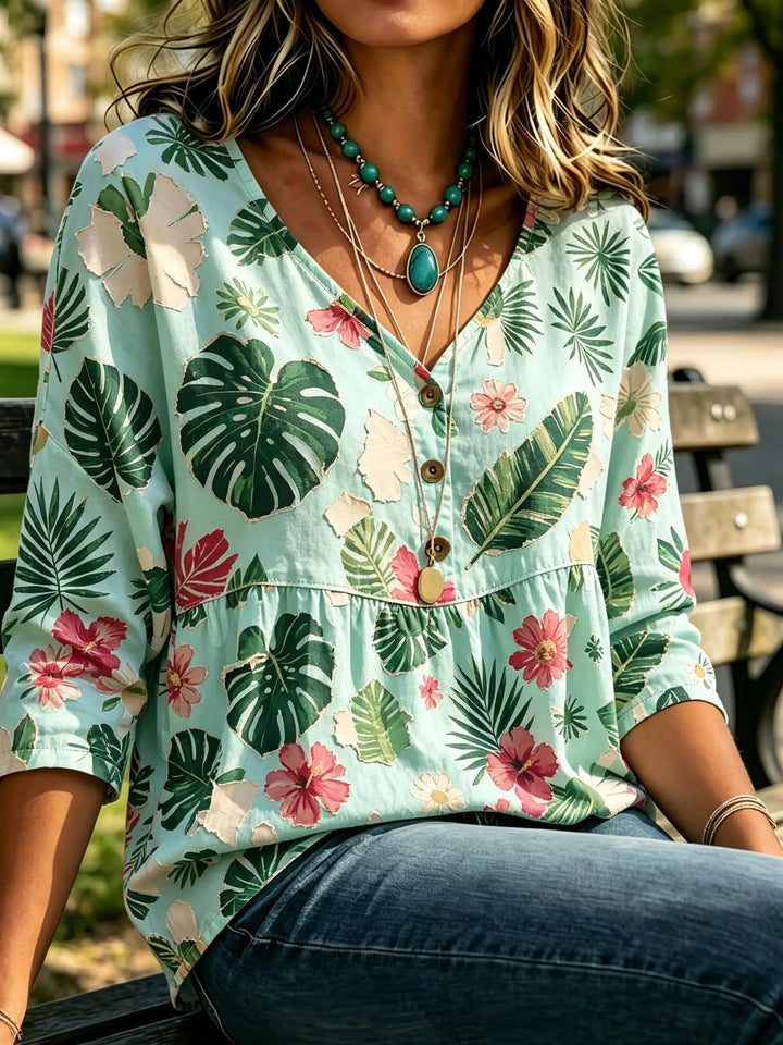 Michelle | Women's Paisley V Neck Elbow Sleeve Button Front Bohemian Blouse