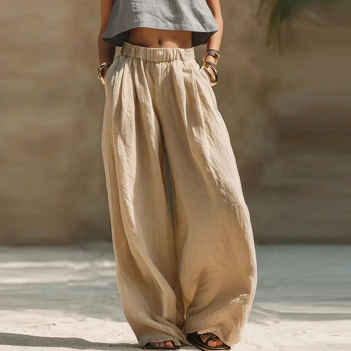 Stylish Wide Leg Trousers for Women with Pockets Breathable Elastic Waist Flowy Casual Style