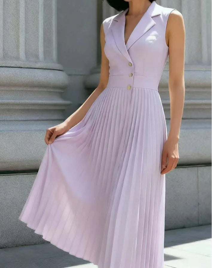 Hannah | Women's Collared Sleeveless Pleated Office Midi Button Front Dress
