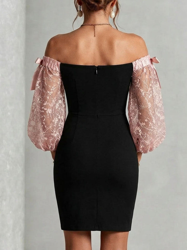 Vale | Women's Black Floral Mini Off Shoulder Satin Wedding Guest Sequin Dress