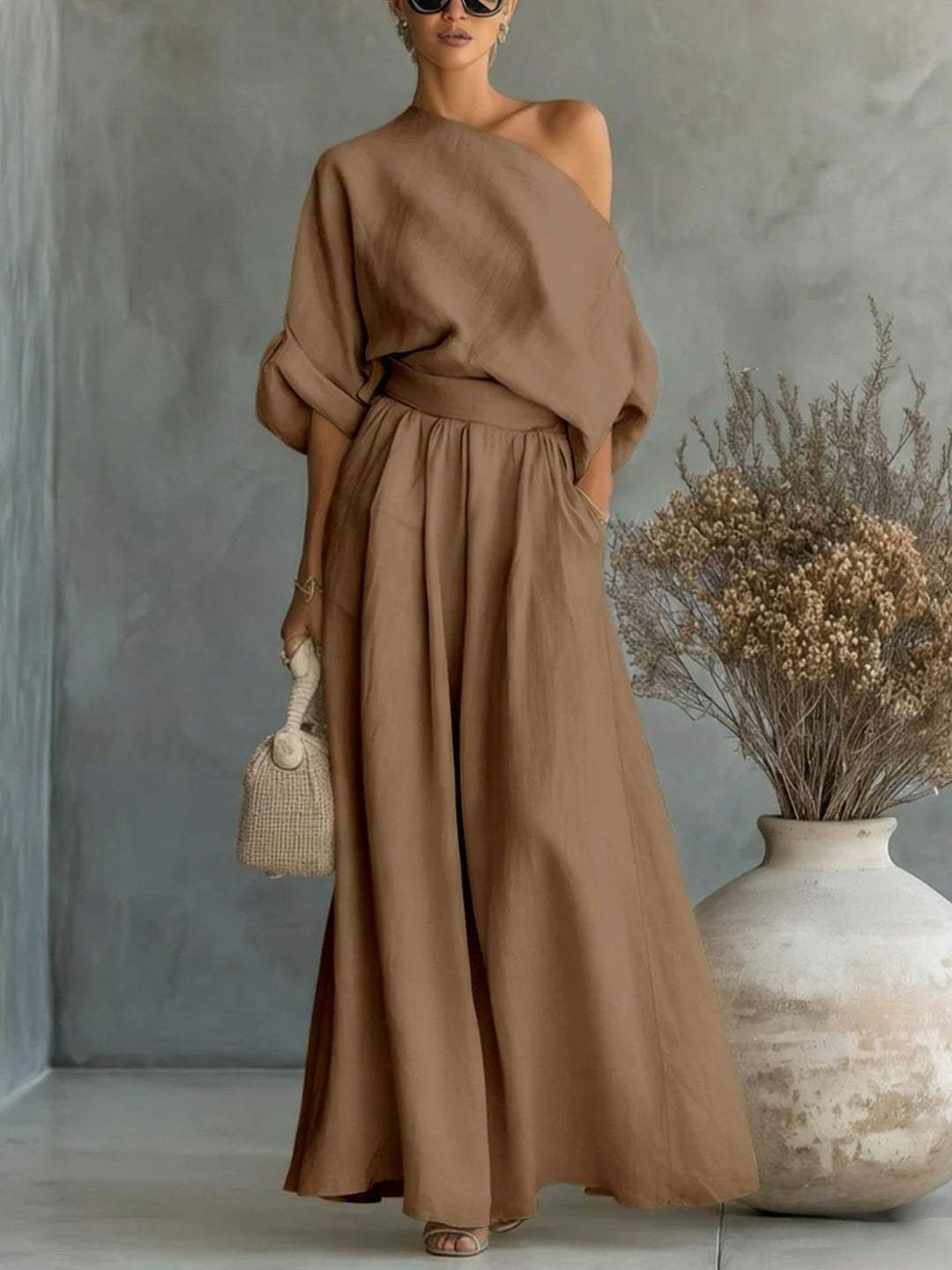 One Shoulder Billowy Sleeve Jumpsuit