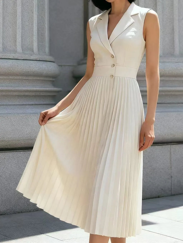 Hannah | Women's Collared Sleeveless Pleated Office Midi Button Front Dress