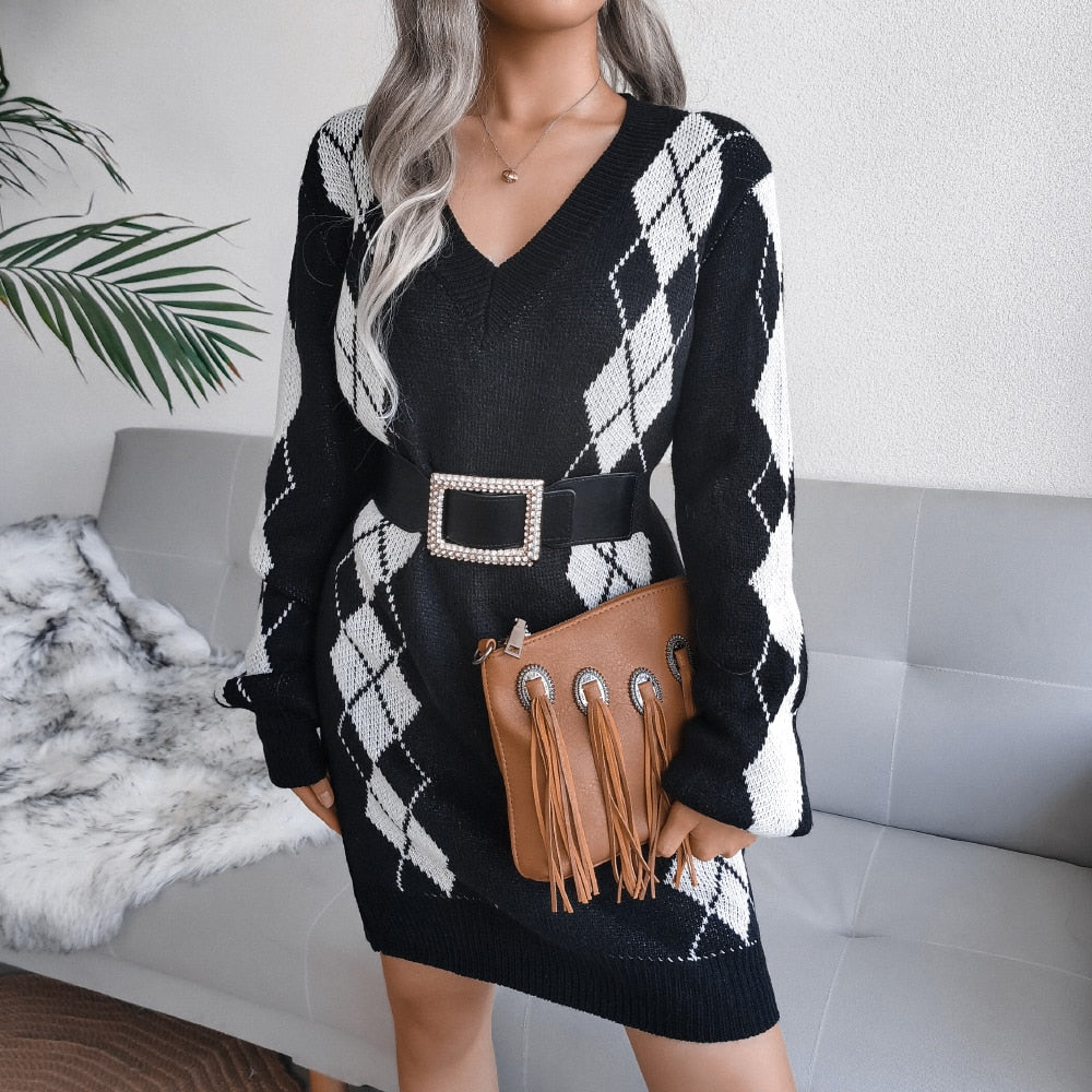 Nellie | Women Argyle Knit Long Sleeve Dress